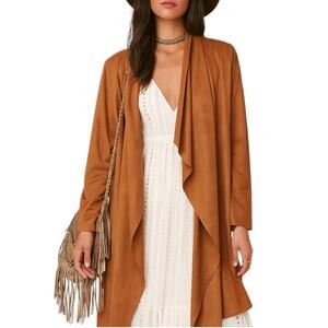 Soft Surroundings‎ L Faux Suede Open Front Long Jacket Brown Western Beth Dutton